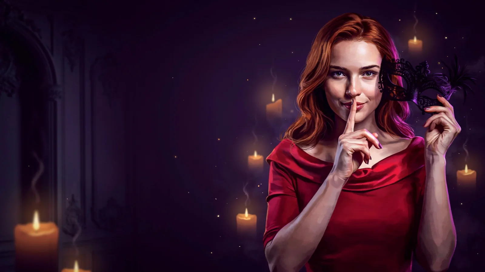 A red-haired woman in a red dress holding a masquerade mask with a playful shhh gesture