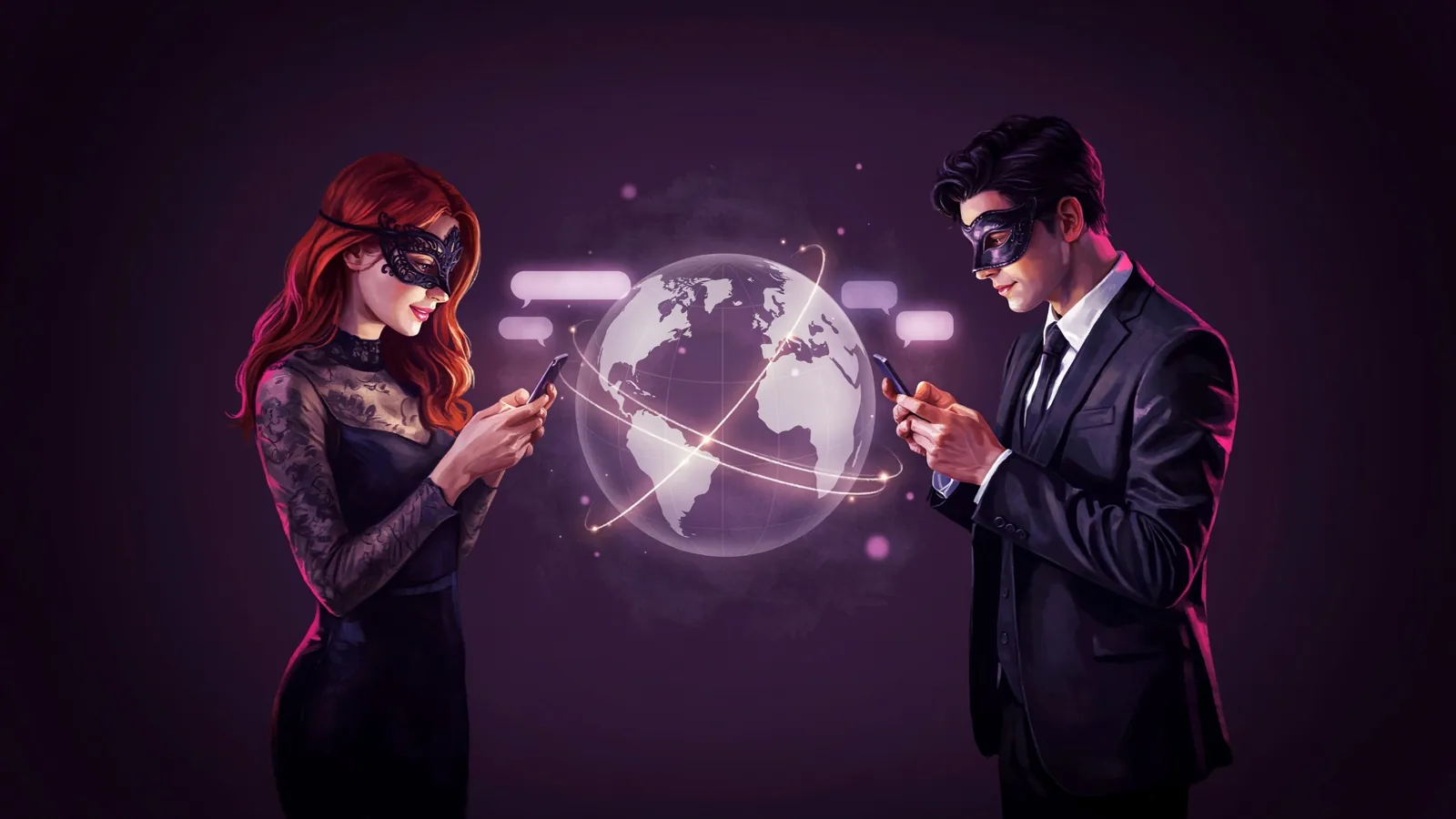 Two chat bubbles connected across a glowing globe