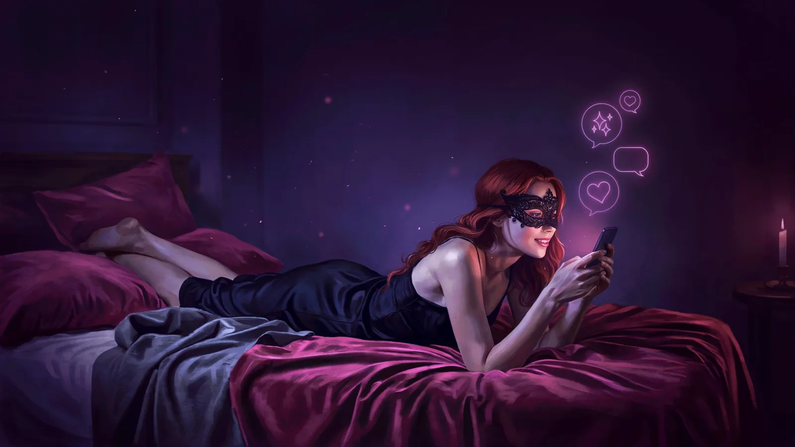 A masked woman lying on a bed, smiling at her phone while chat bubbles glow above it