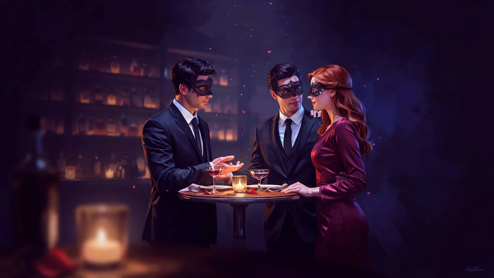 Two cocktail glasses meeting in a toast under glowing lights