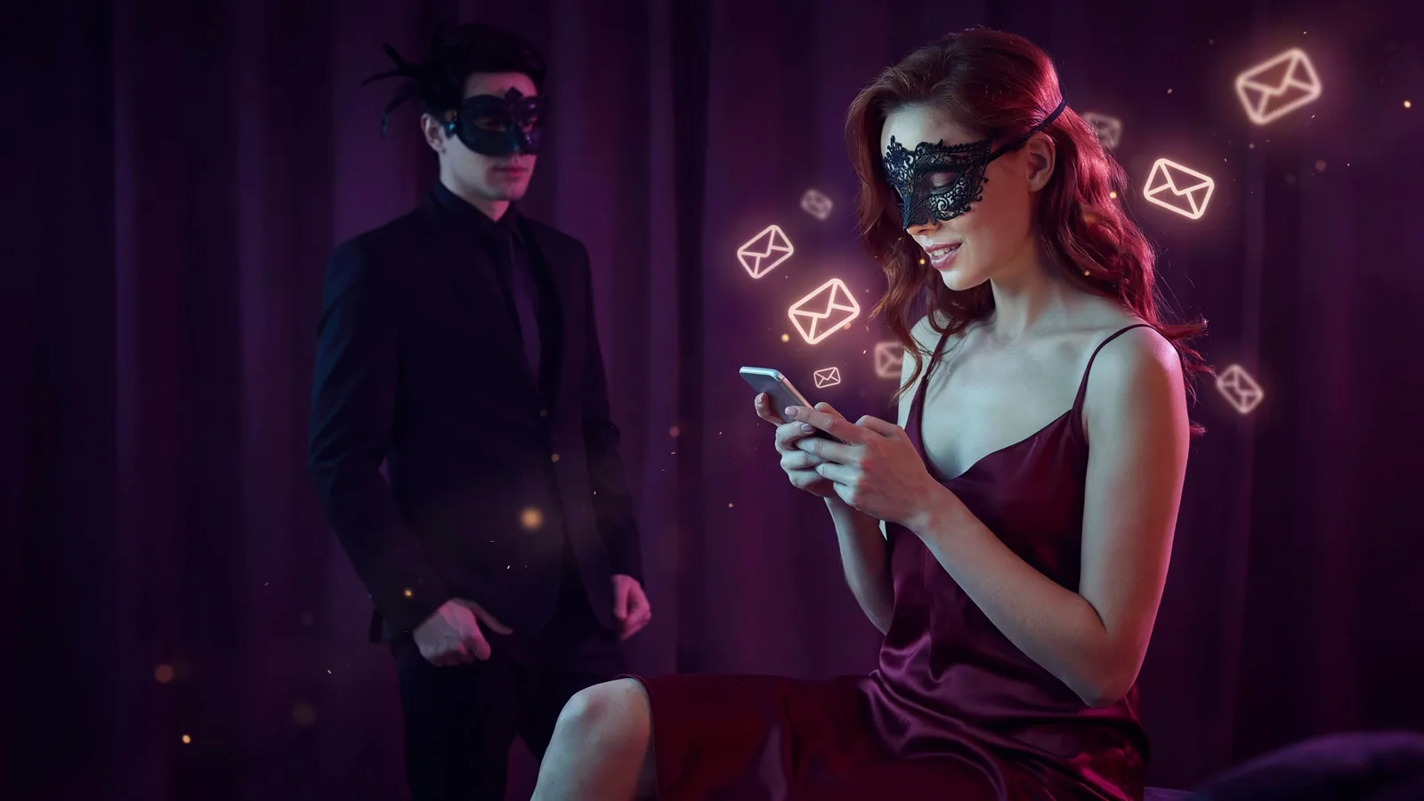 Two glowing chat bubbles with a heart and a lock